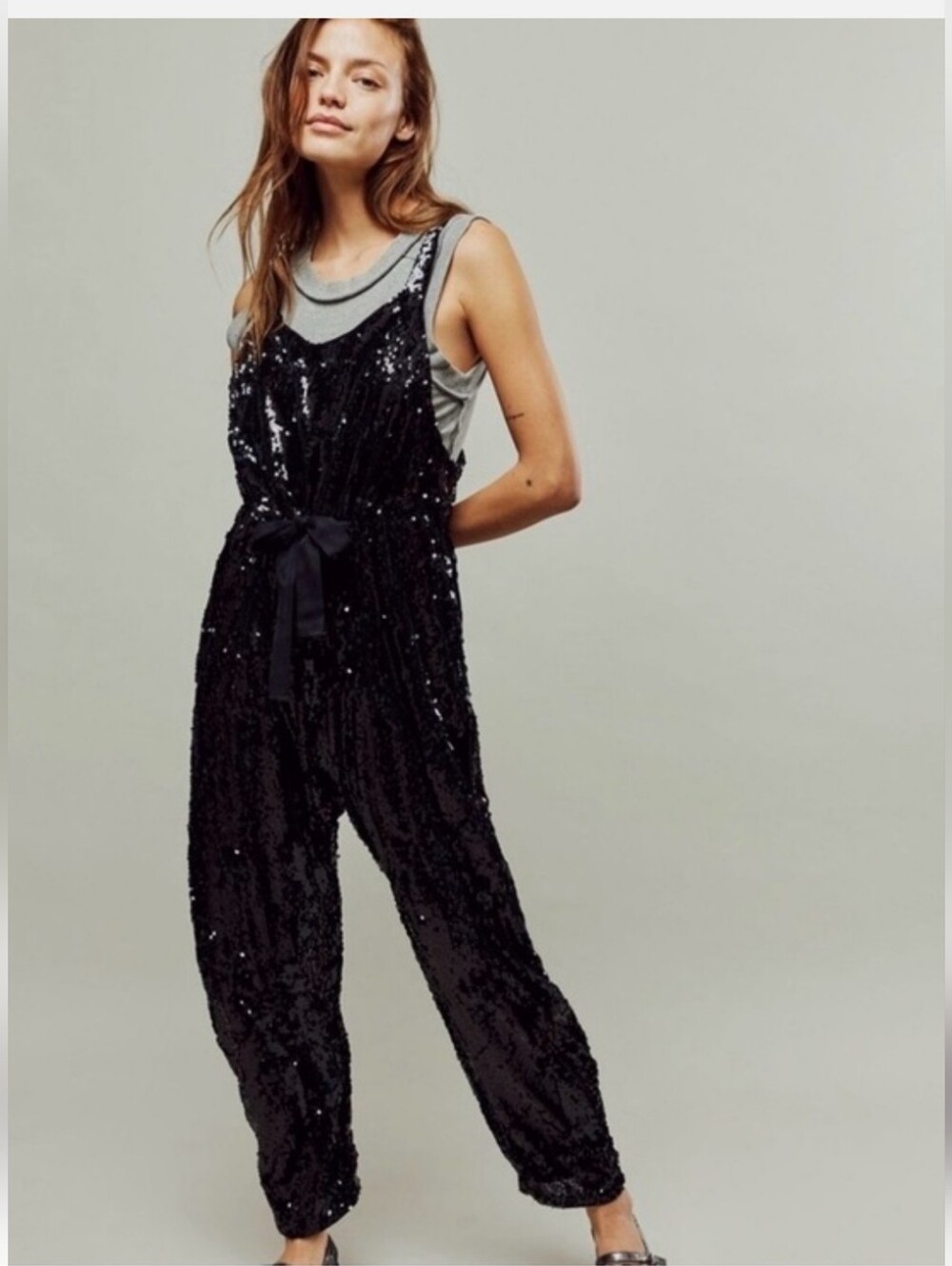 $168 Large Free People Black Sequin Strap Jumpsuit with Waist Tie B1
